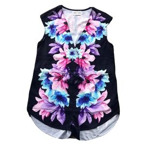 Xenia Boutique Womens Sz 10 Romper Shorts Floral Pink Blue Summer Tie Waist